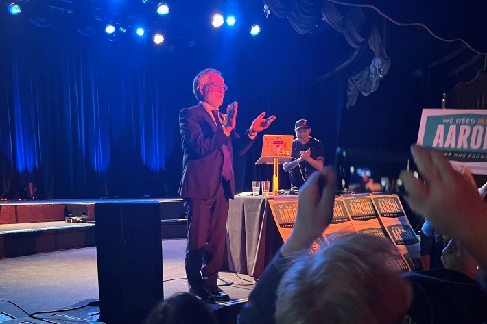 Supervisor Aaron Peskin on stage on stage at Bimbo’s 365 in North Beach thanking his supporters at his Election Night party.