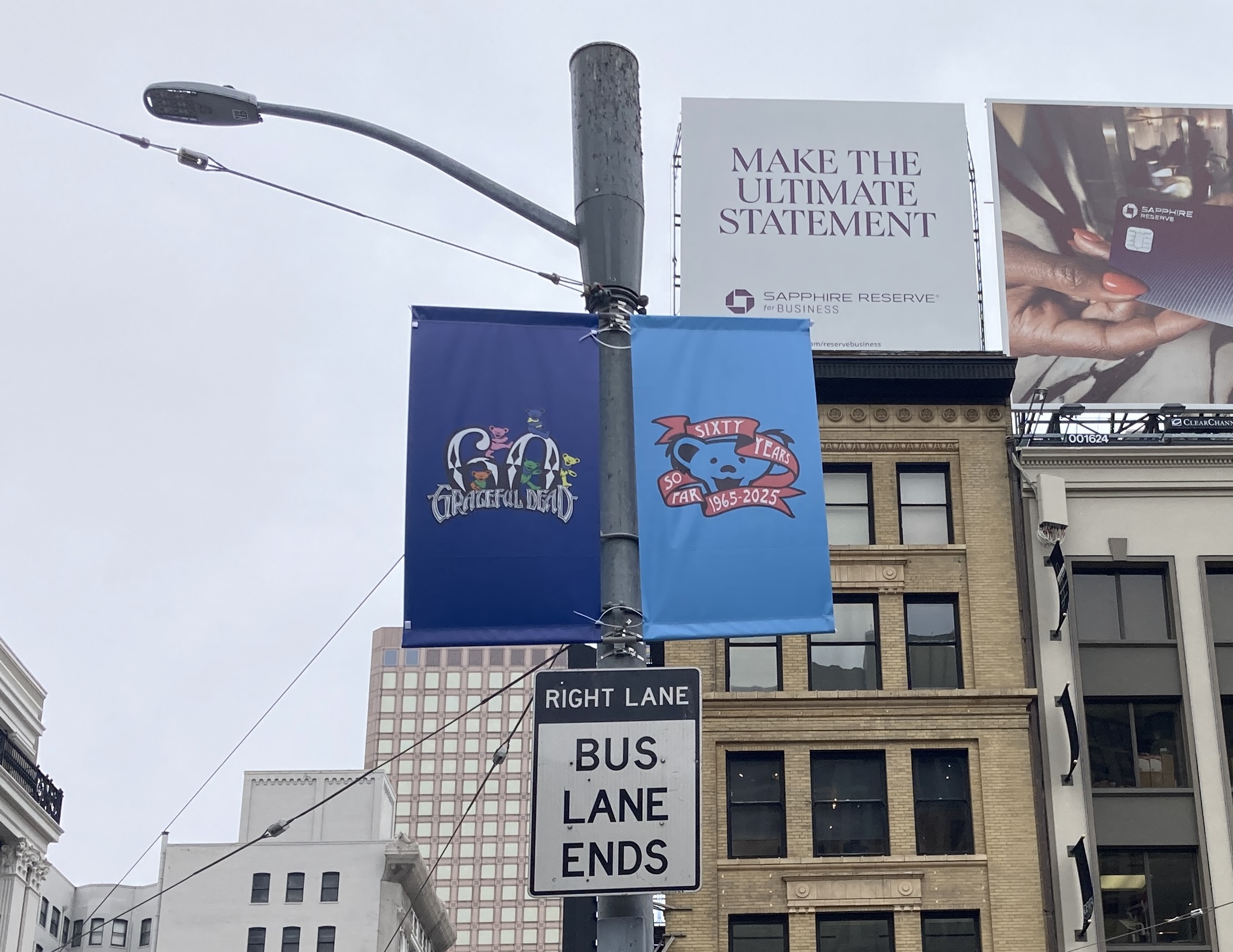 Flags celebrating the Grateful Dead hanging near Union Square
