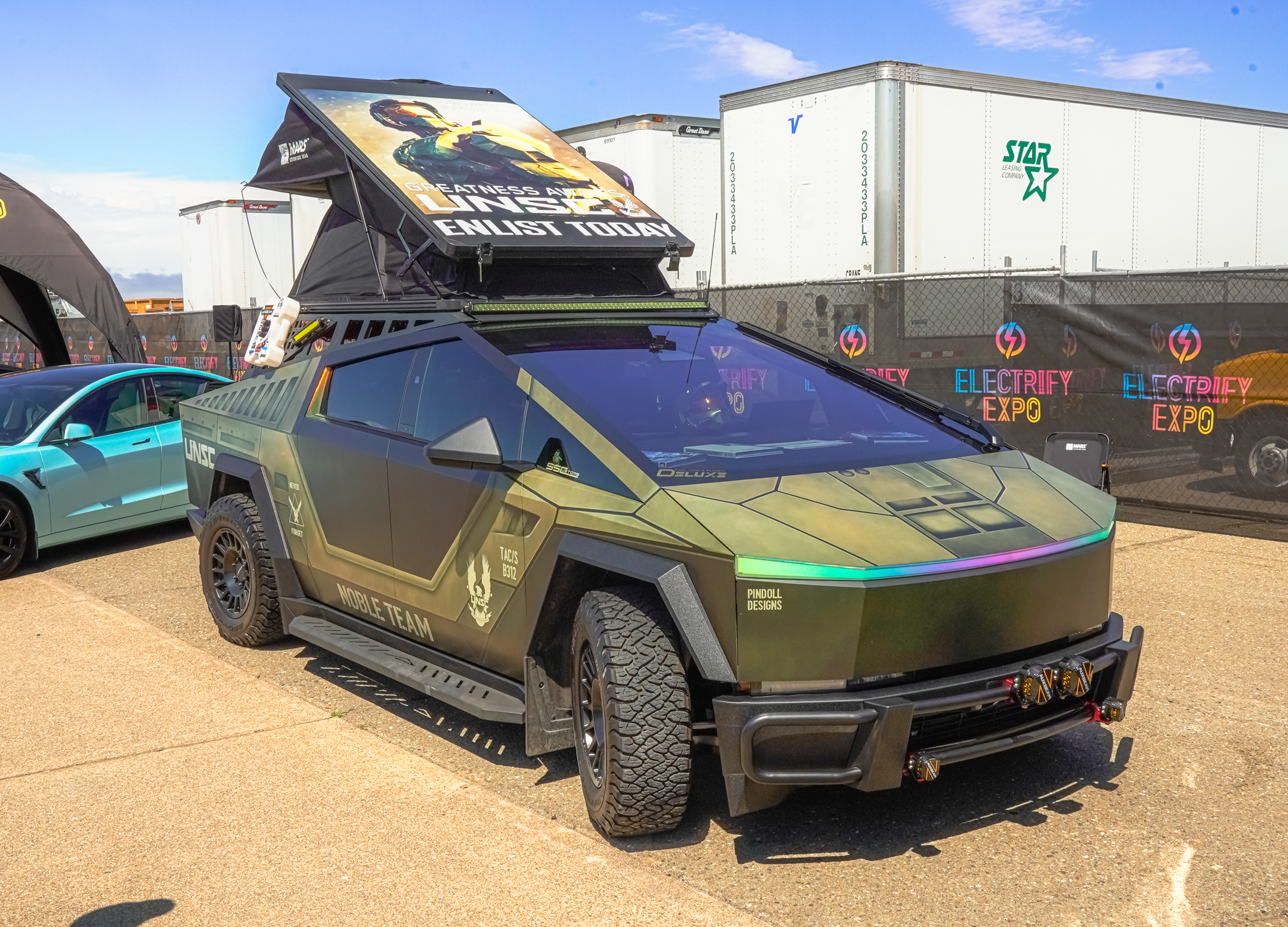 A Tesla Cybertruck with modifications in the style of the video game Halo.