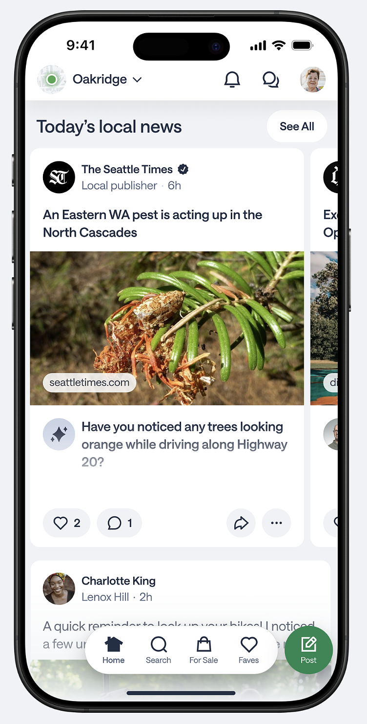 A screenshot of the Nextdoor feed showing content from local publishers.