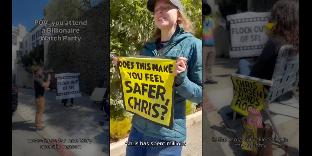 Anti-surveillance protestors flock to Chris Larsen’s house